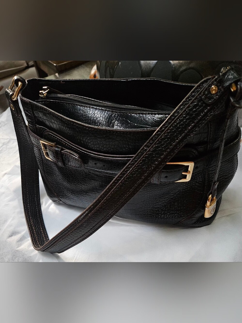 Classic Dark Brown Genuine Leather Women's Shoulder Bag with Gold Hardware
